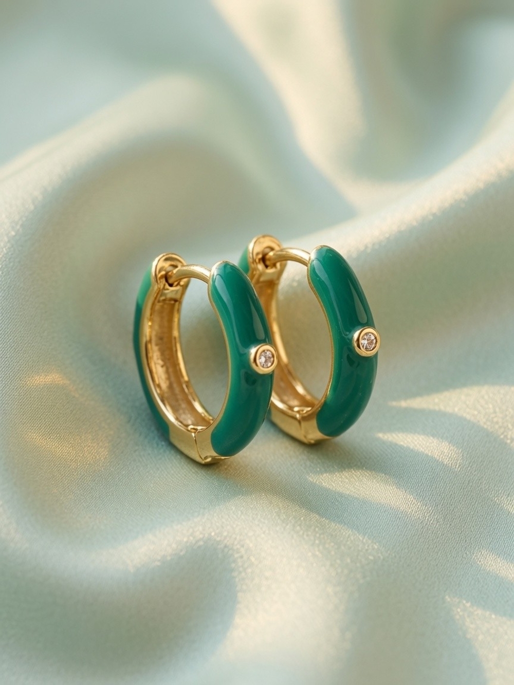 Gold-Plated Hoop Earrings with Emerald Green Enamel and Crystal Accent